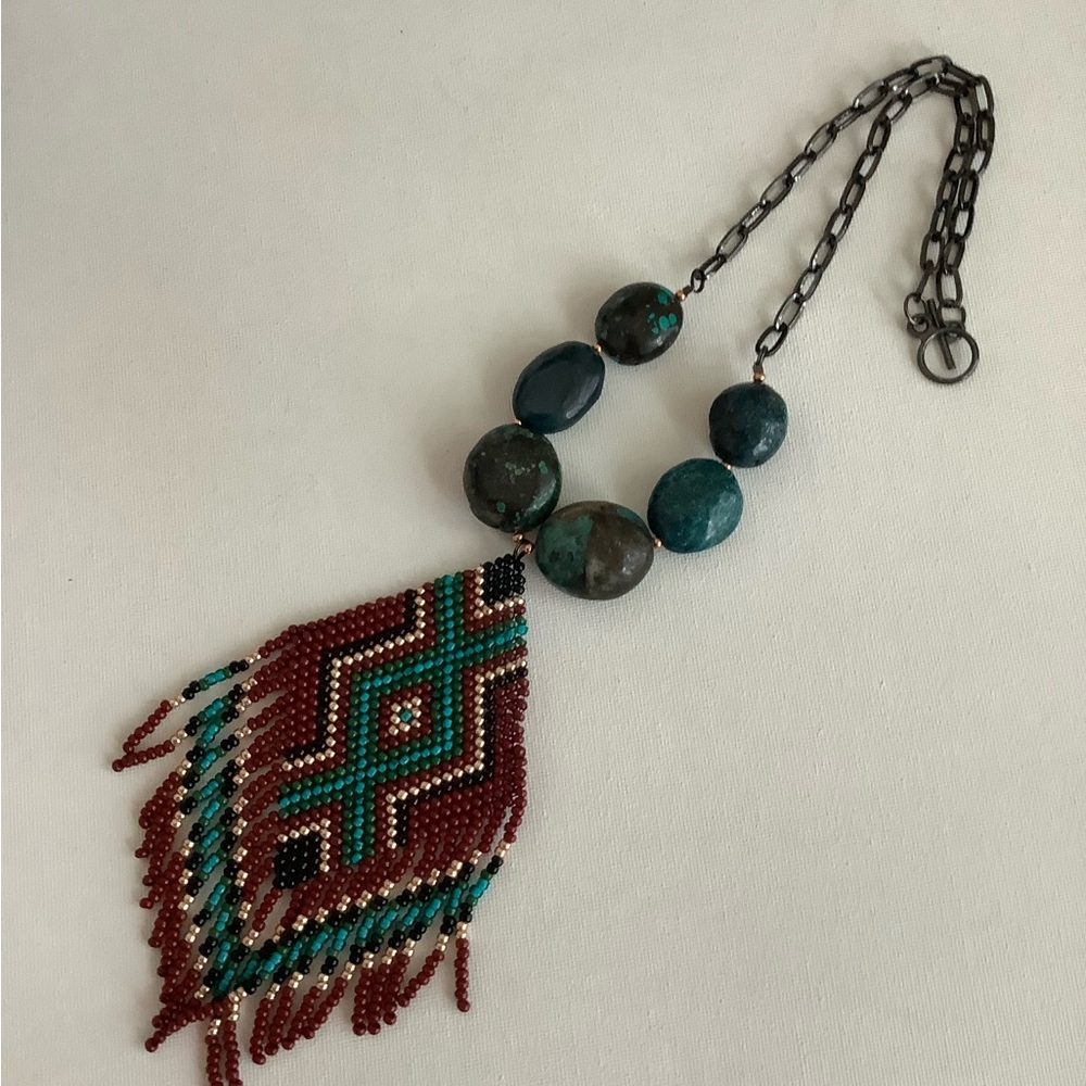 Chrysocolla Boho Festival Necklace with Fringed Beaded Pendant